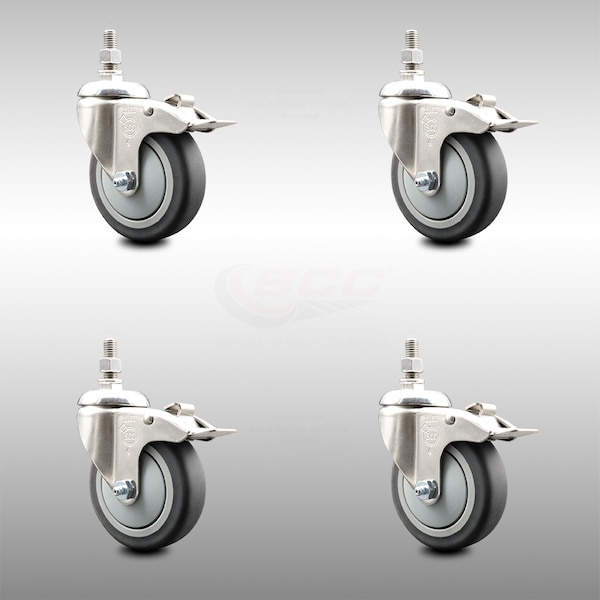 Service Caster 4 Inch 316SS Thermoplastic Rubber Swivel 1/2 Inch Stem Caster Set Lock Brake SCC SCC-SS316TSTTL20S414-TPRB-121315-4 - main